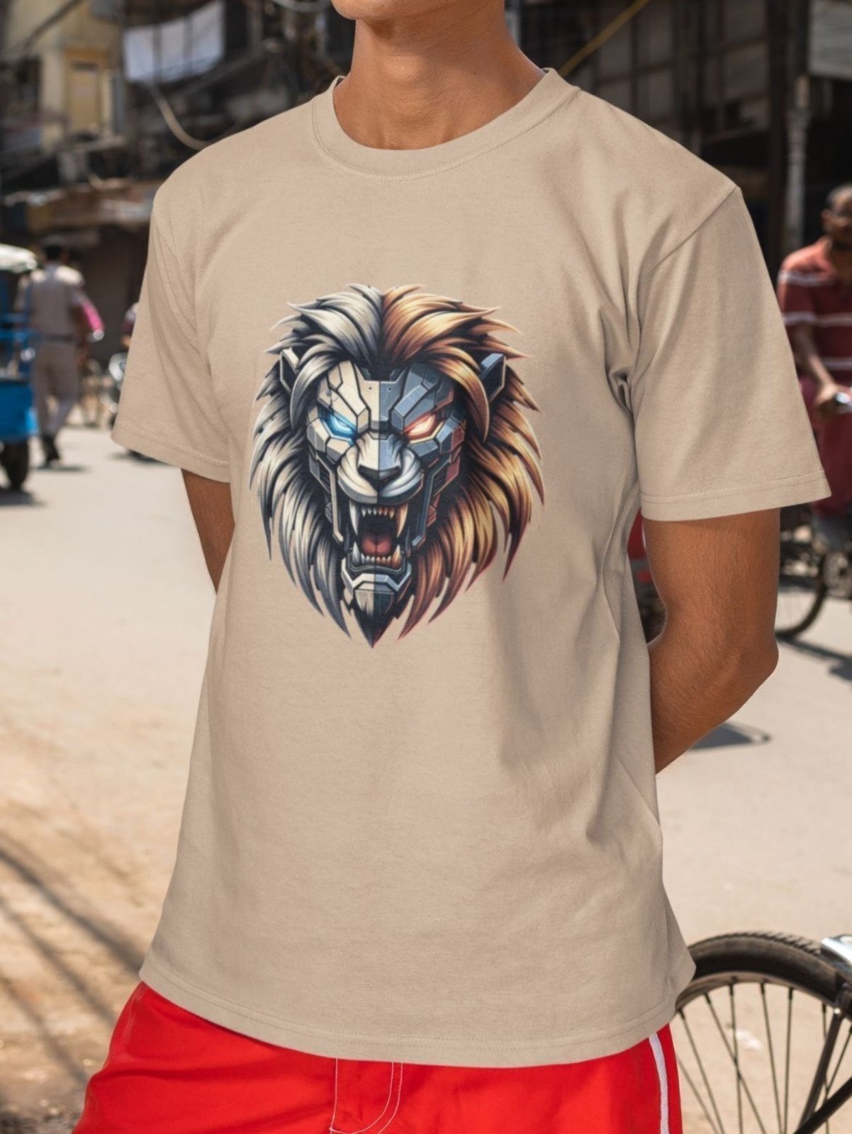 Vista 3 Camiseta Básica Masculina GuGi Leão Robótico Cyberpunk Scifi Futurista Caqui cáqui caqui Gugi cáqui caqui