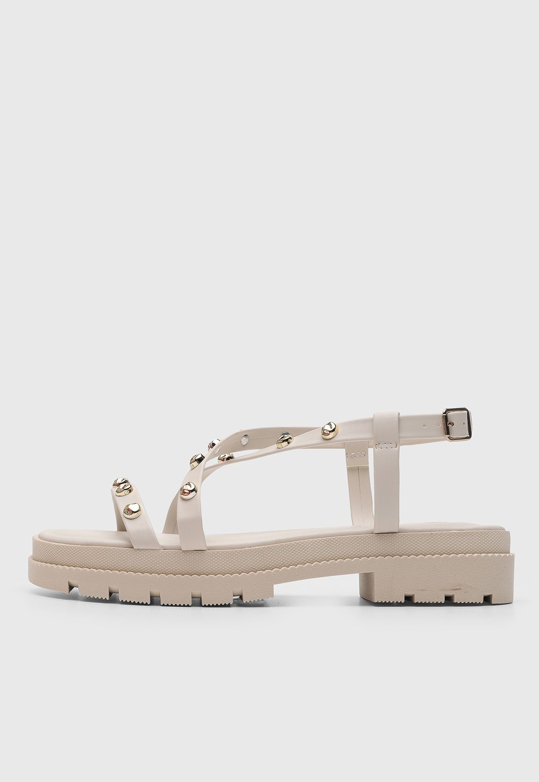 Vista 2 Sandália Baixa Feminina VIA UNO Tiras Aplicação Metálica Off-White off-white white VIA UNO off-white white