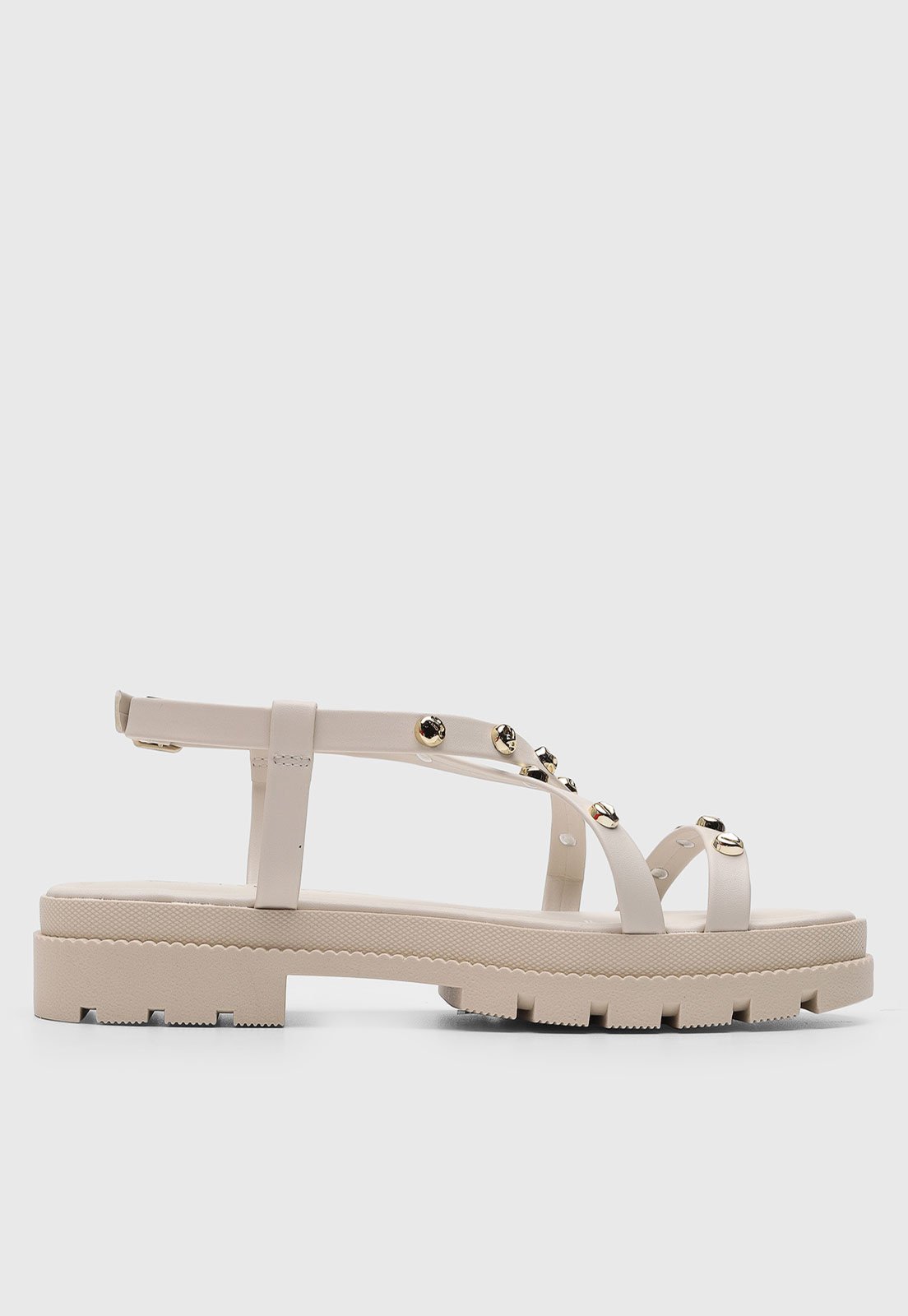 Vista 3 Sandália Baixa Feminina VIA UNO Tiras Aplicação Metálica Off-White off-white white VIA UNO off-white white
