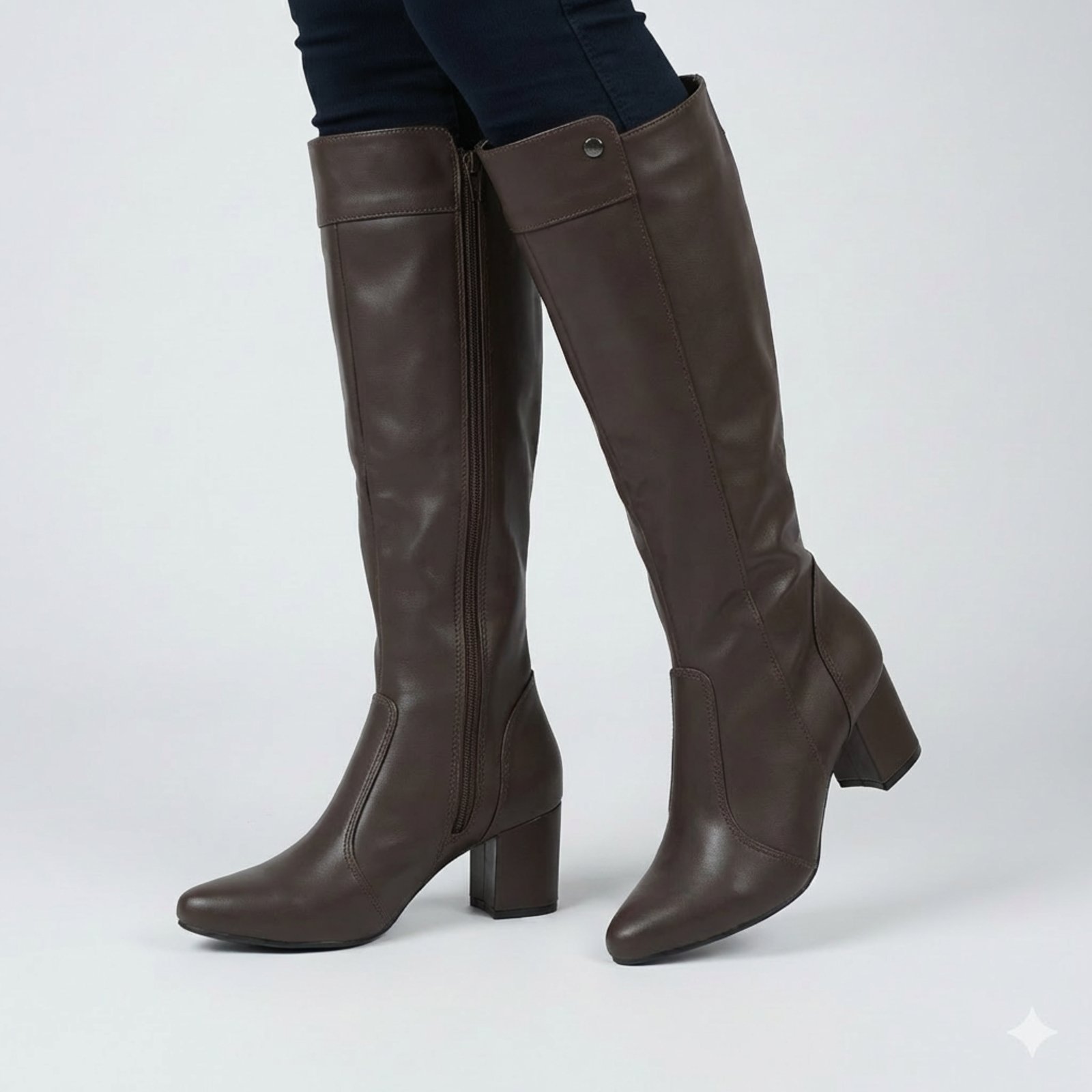 Bota Feminina Montaria Lirom Cano Alto Salto Grosso Bico Fino Café