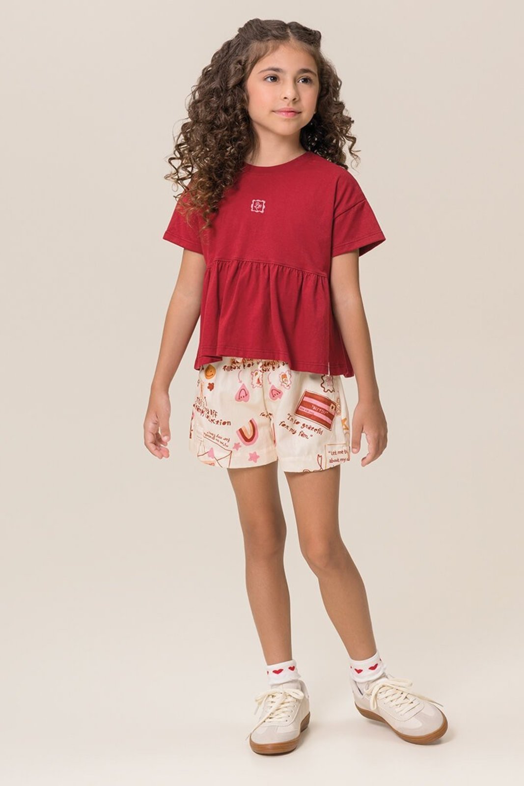 Infantil - Conjunto Bugbee Blusa de Meia Malha e Shorts Tecido Estampado