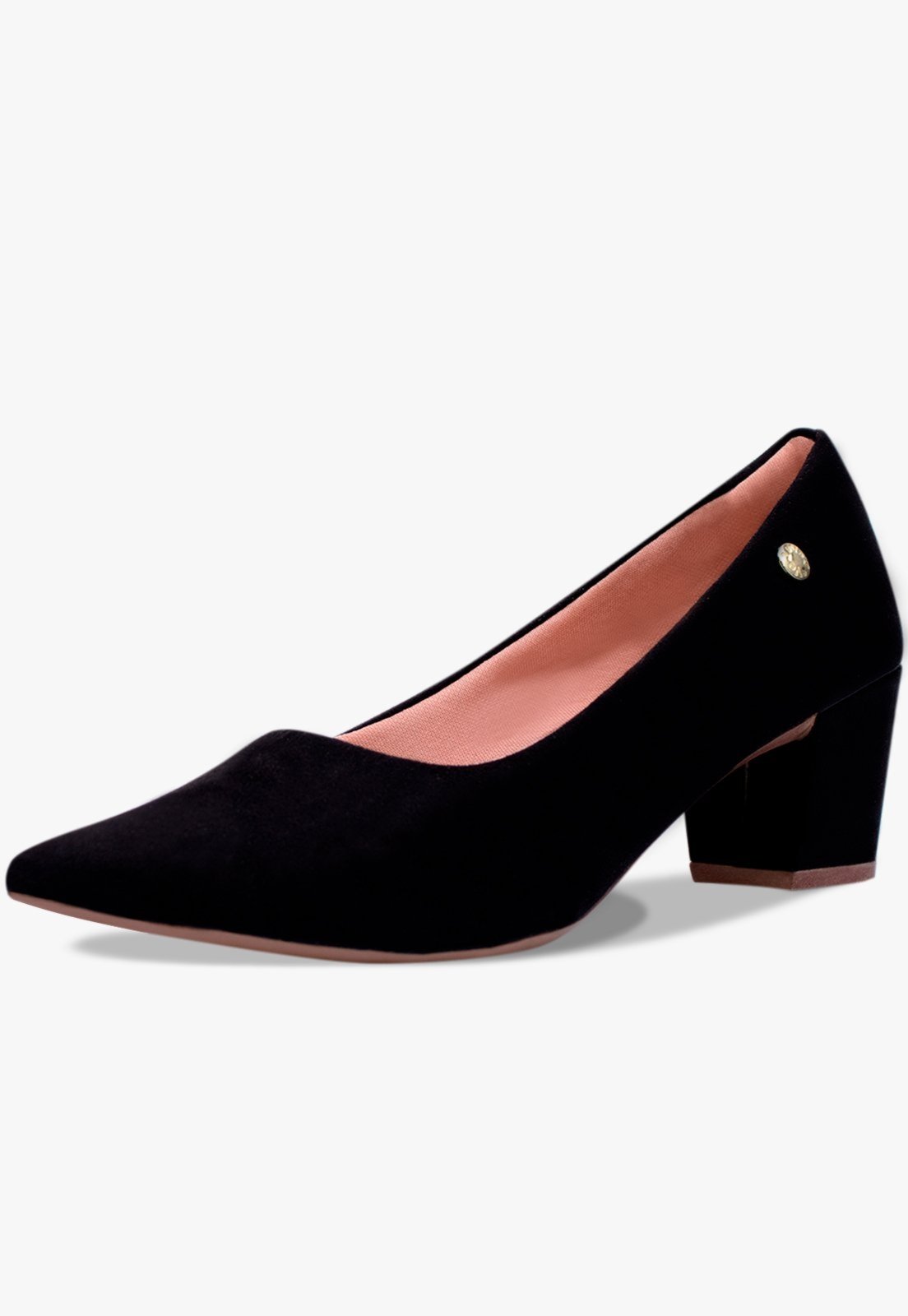 Scarpin Feminino Takata Salto Baixo Bloco Grosso Bico Fino Camurça Preto