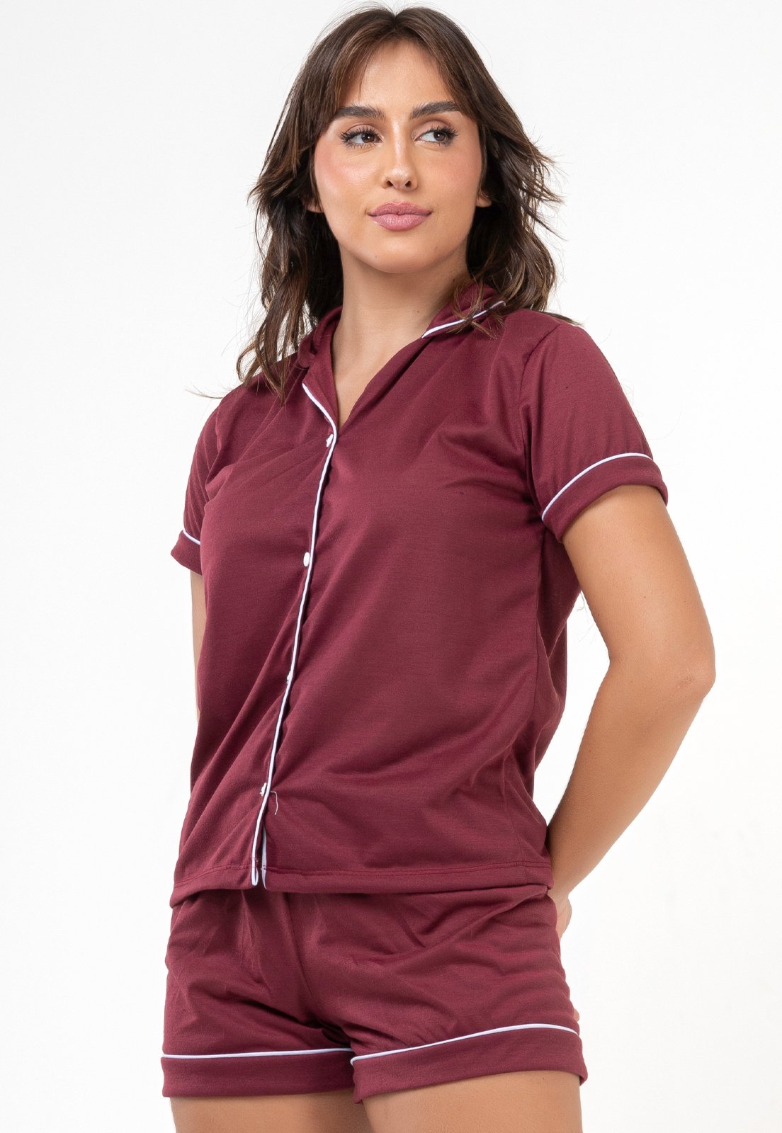 Pijama Feminino Gola Curto Botão Amamentação Pós Cirúrgico 041 Vinho