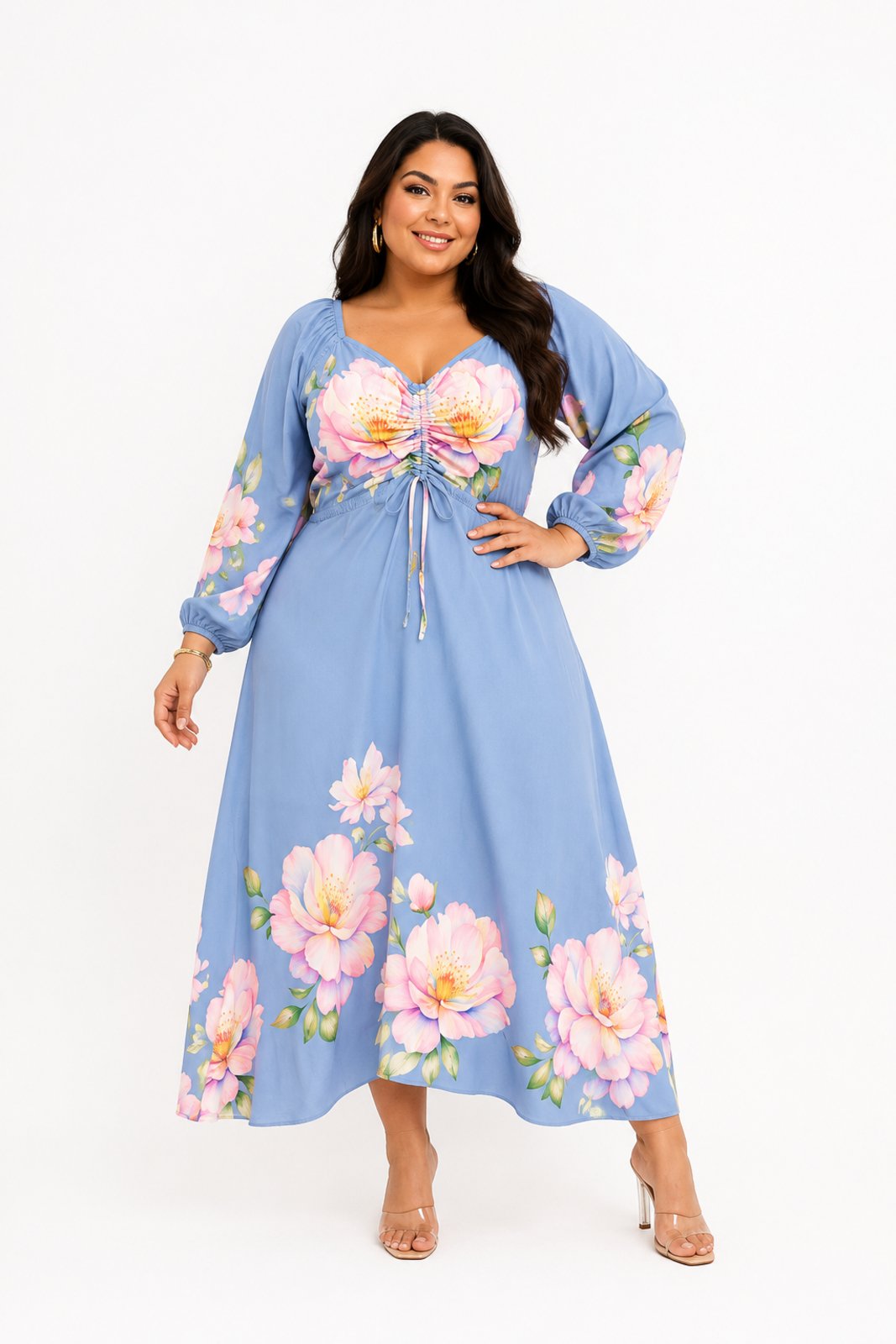 Vestido Midi Estampado D Bell Outleet Fashion Floral Azul