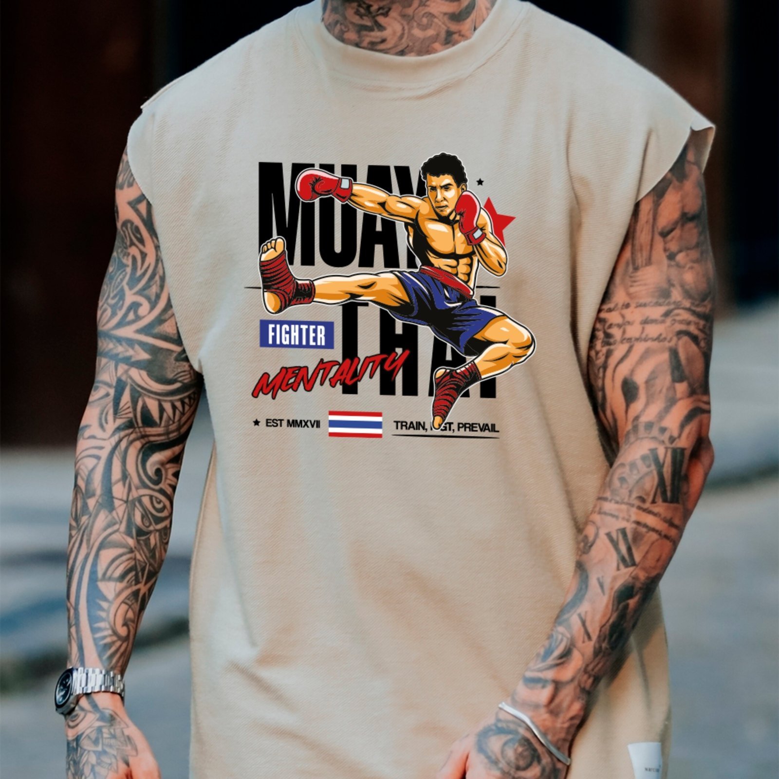 Camiseta Regata Machão Ousy Lutador Muay Thai Oversized Masculina Off White