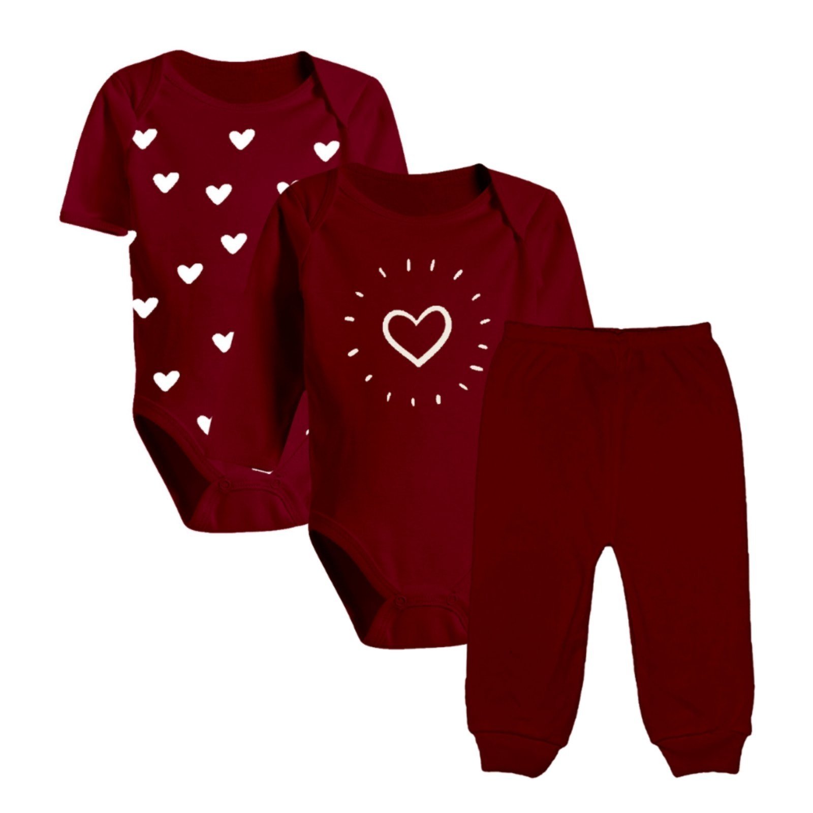 Infantil - Kit 3 Peças Body Estampado e Mijão Malha Cores Reativas Vinho