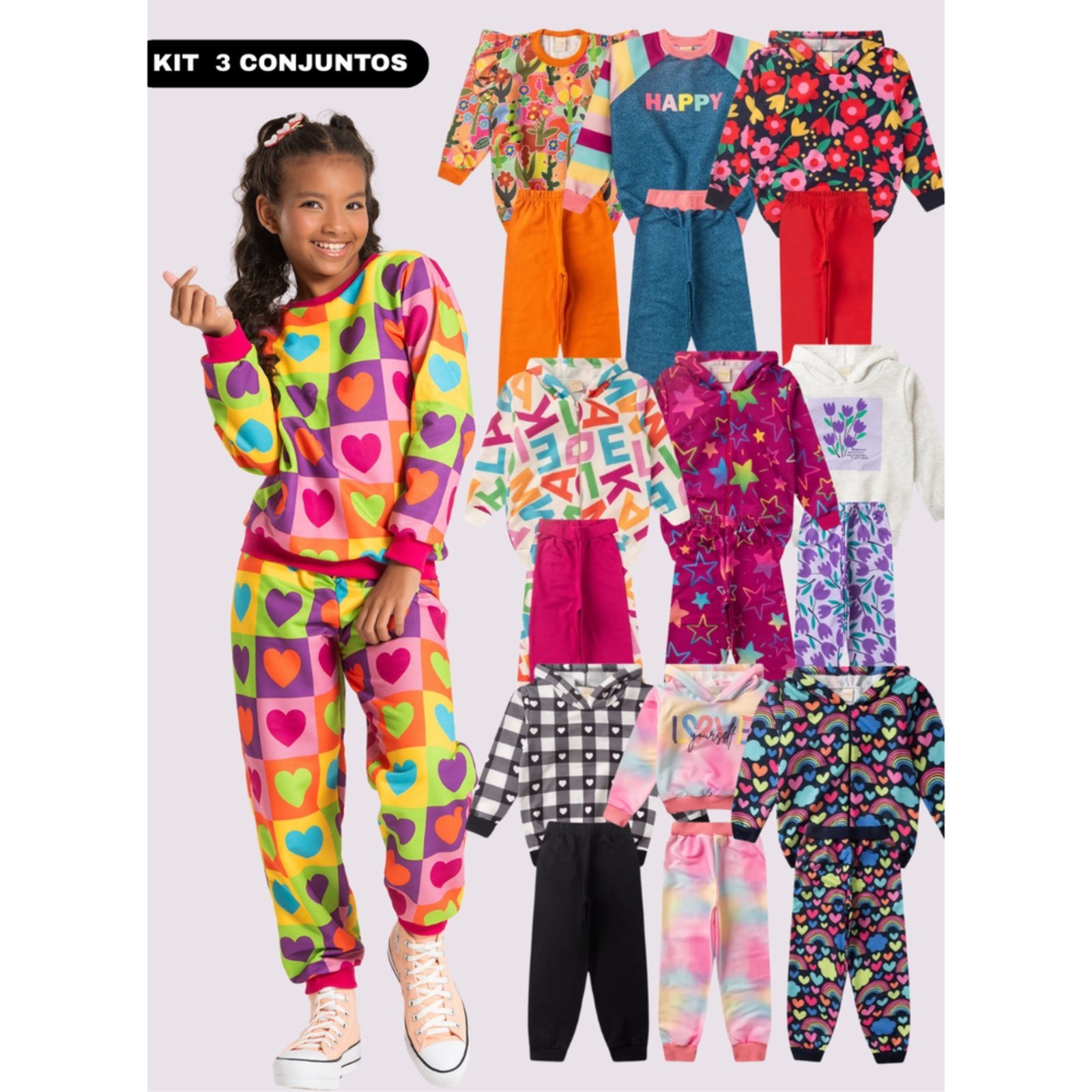 Vista 2 Infantil - Kit Sortido Molekada Peças de Roupas Infantis Menina Inverno 3 Conjuntos multicolorido Molekada multicolorido