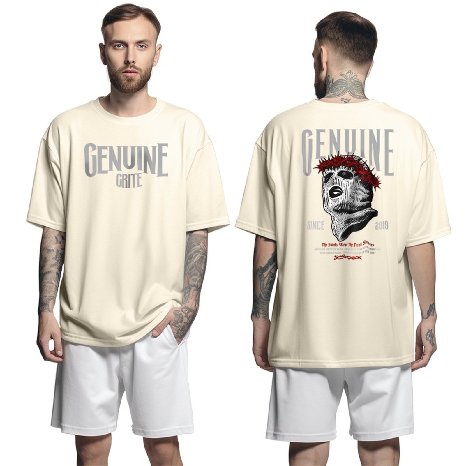 Camisa Camiseta Oversized Streetwar Genuine Grit Masculina Larga 100% Algodão 30.1 The Saint’s Sinners – Bege – P