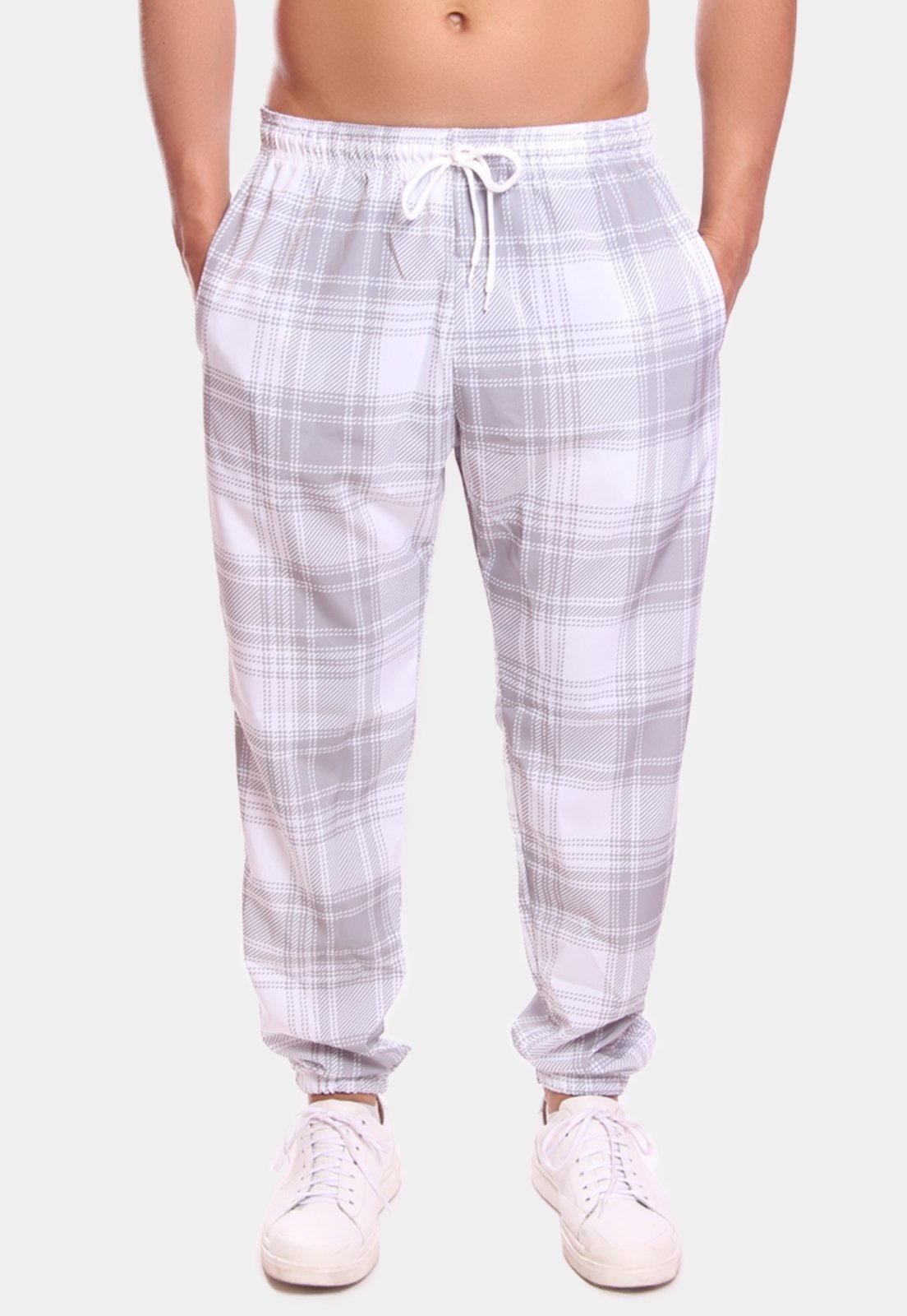 Calça Masculina Tactel Casual Esportiva Xadrez 3 Bolsos Branco/Cinza