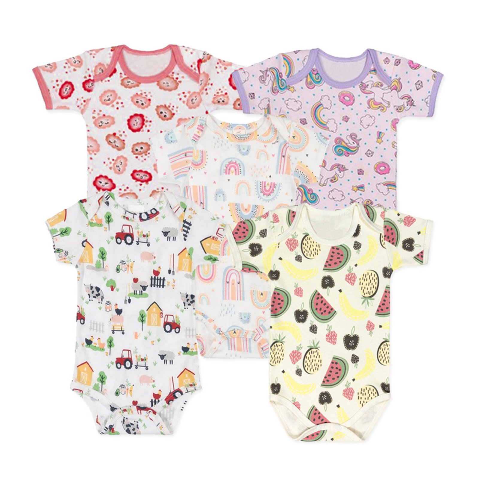 Infantil – Kit 5 Body Estampado Manga Curta Rosa