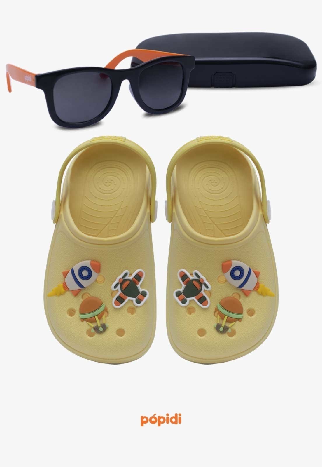 Infantil – Kit Babuche Aereo Amarelo com Óculos de Sol Laranja Com Capinha