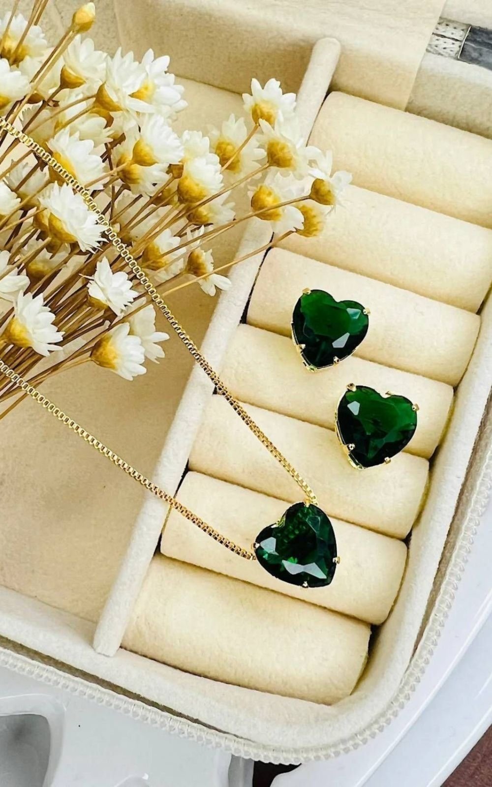 Conjunto Folheado a Ouro Coracao Esmeralda – Verde – mellow brazil
