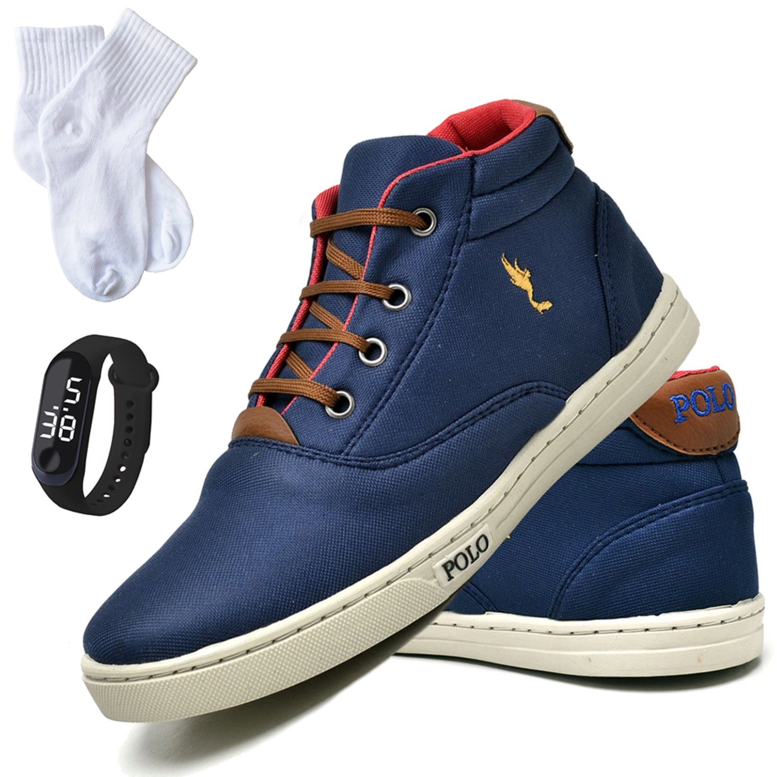 Infantil – Kit Sapatenis Polo Blu Menino Conforto Casual Botinha Cano Alto Azul + Relógio Digital + Meia