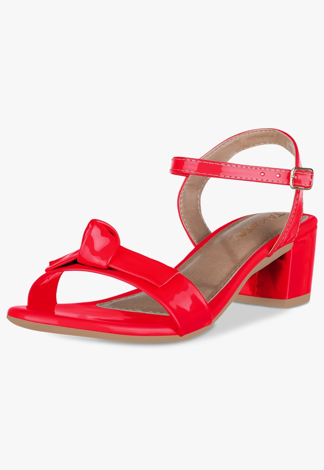 Sandália Feminina Salto Baixo Bloco Casual Confortável Fivela Laço Nó Vermelho