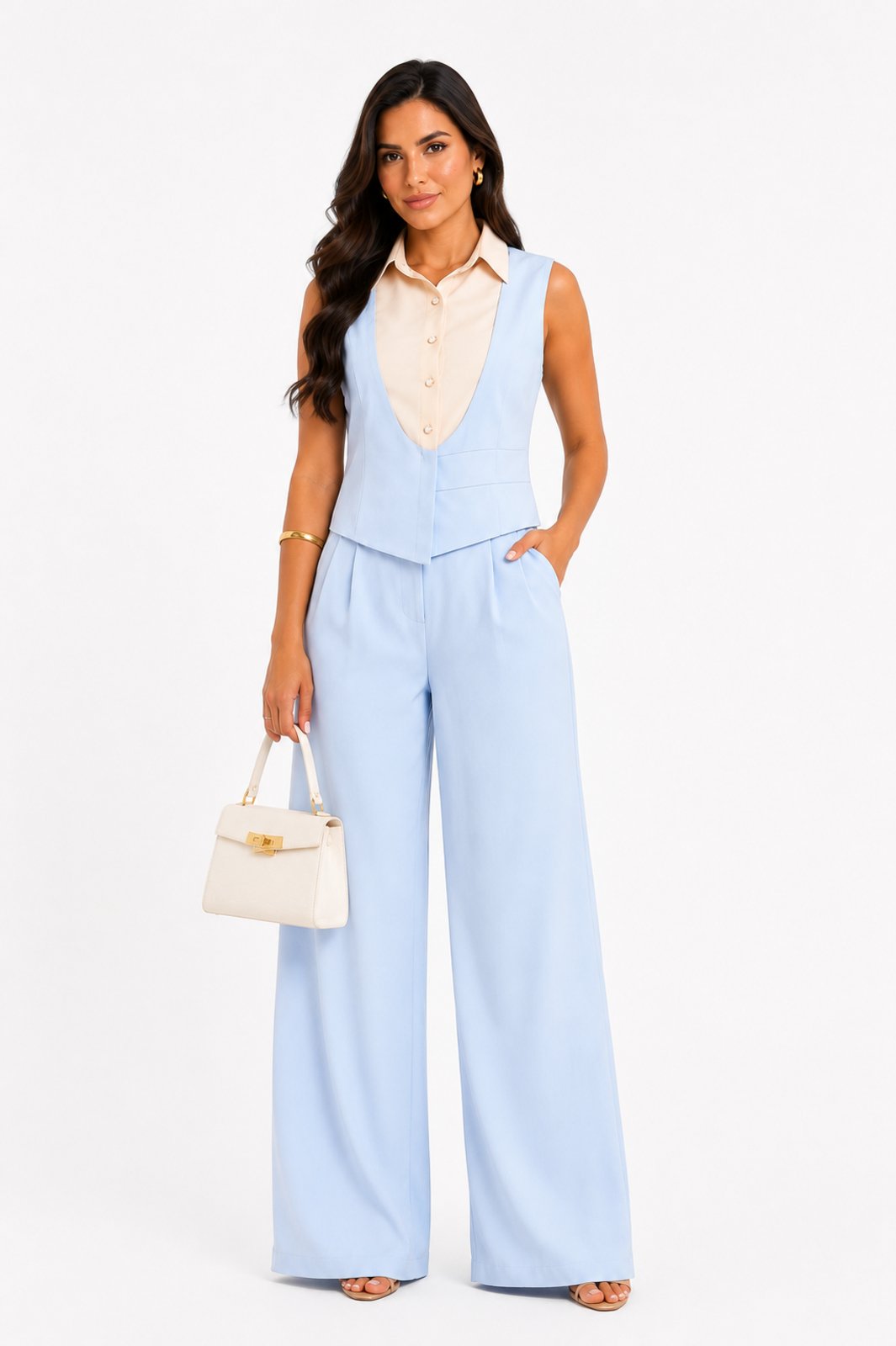 Conjunto Feminino D Bell Outlet Fashion Colete e Calça Pantalona Azul