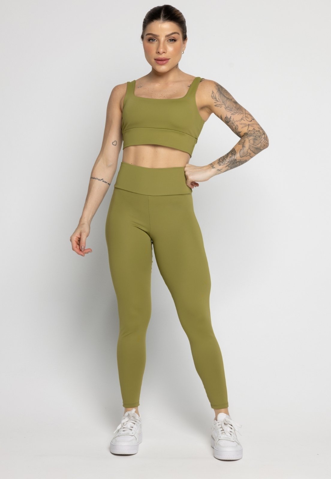 Conjunto Fitness Vekyo Top Alça Grossa e Calça Cintura Alta Poliamida Zero Transparência Feminino Pistache