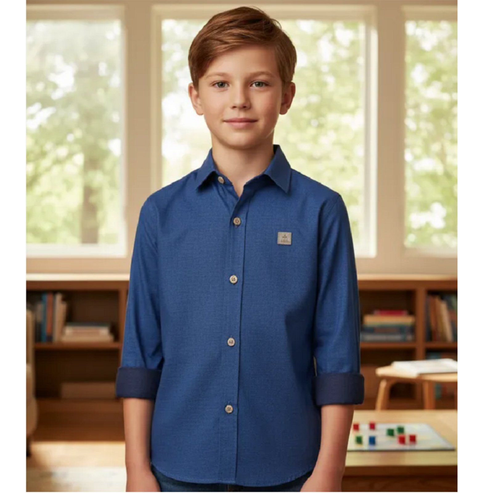 Infantil - Camisa e Juvenil Manga Longa Estilo Fashion Elastano Marinh