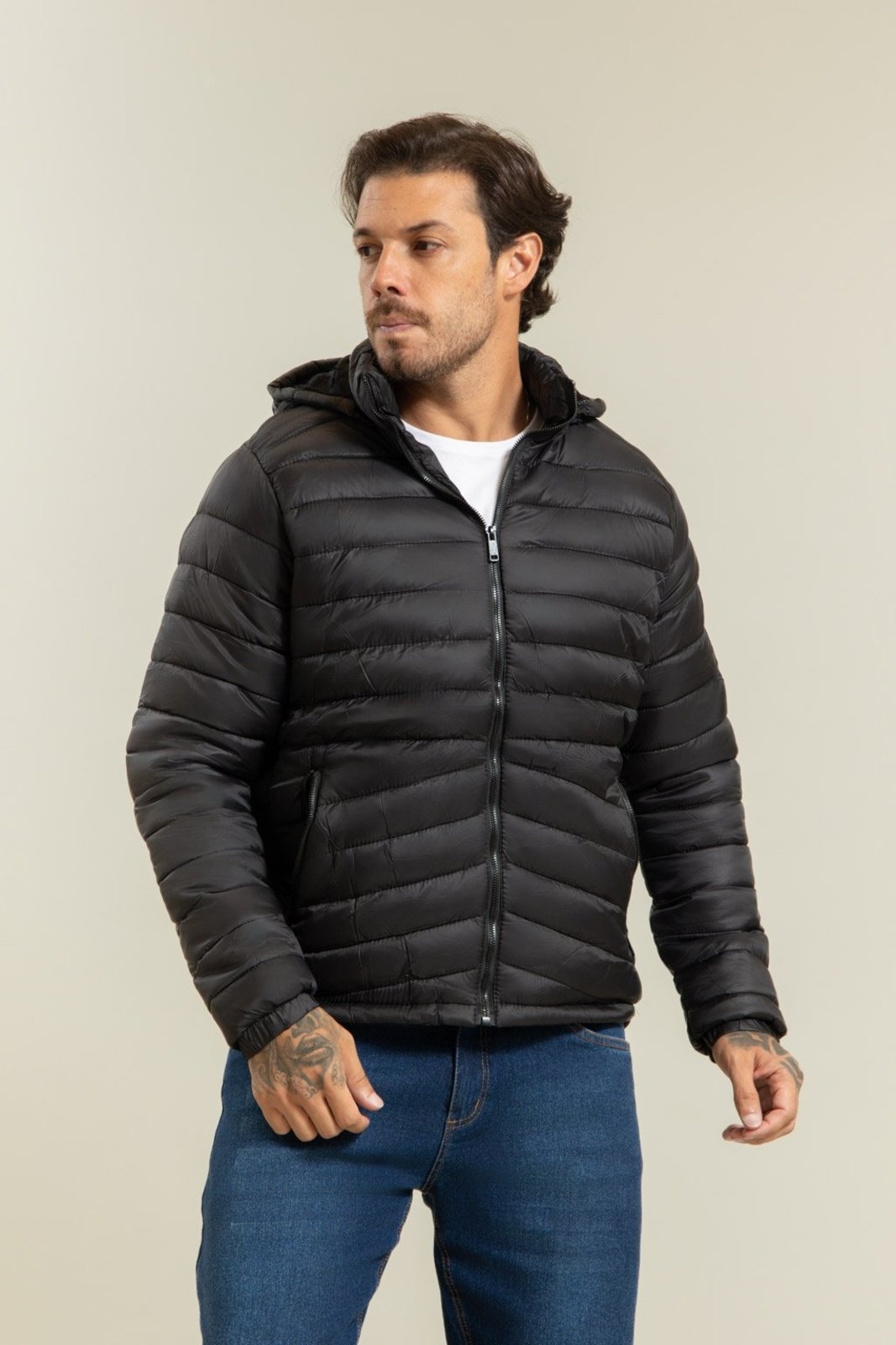 Jaqueta Puffer Masculina Forrada Com Capuz Removível