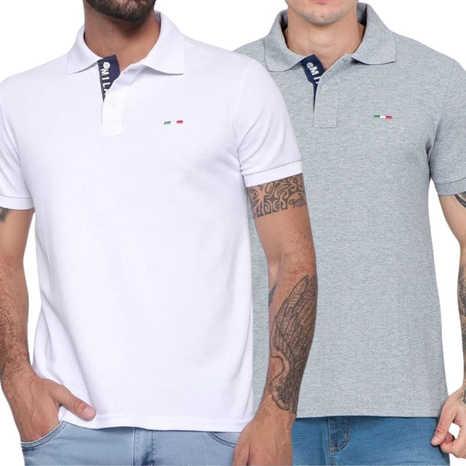 Kit 2 Polos FMF Masculina Básicas Piquet no Estilo Tommy Bordado Itália Branca Cinza Branco
