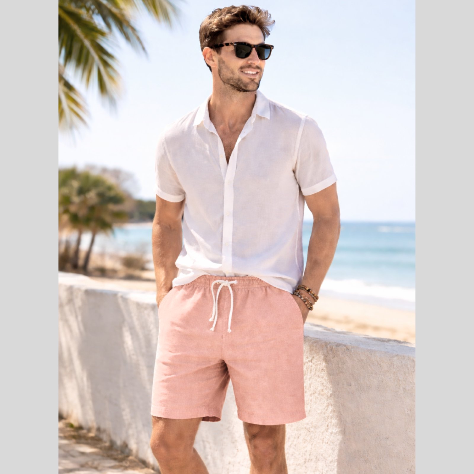 Infantil - Bermuda Shorts Masculina De Linho E Cordão Mauricinho Leve Salmão