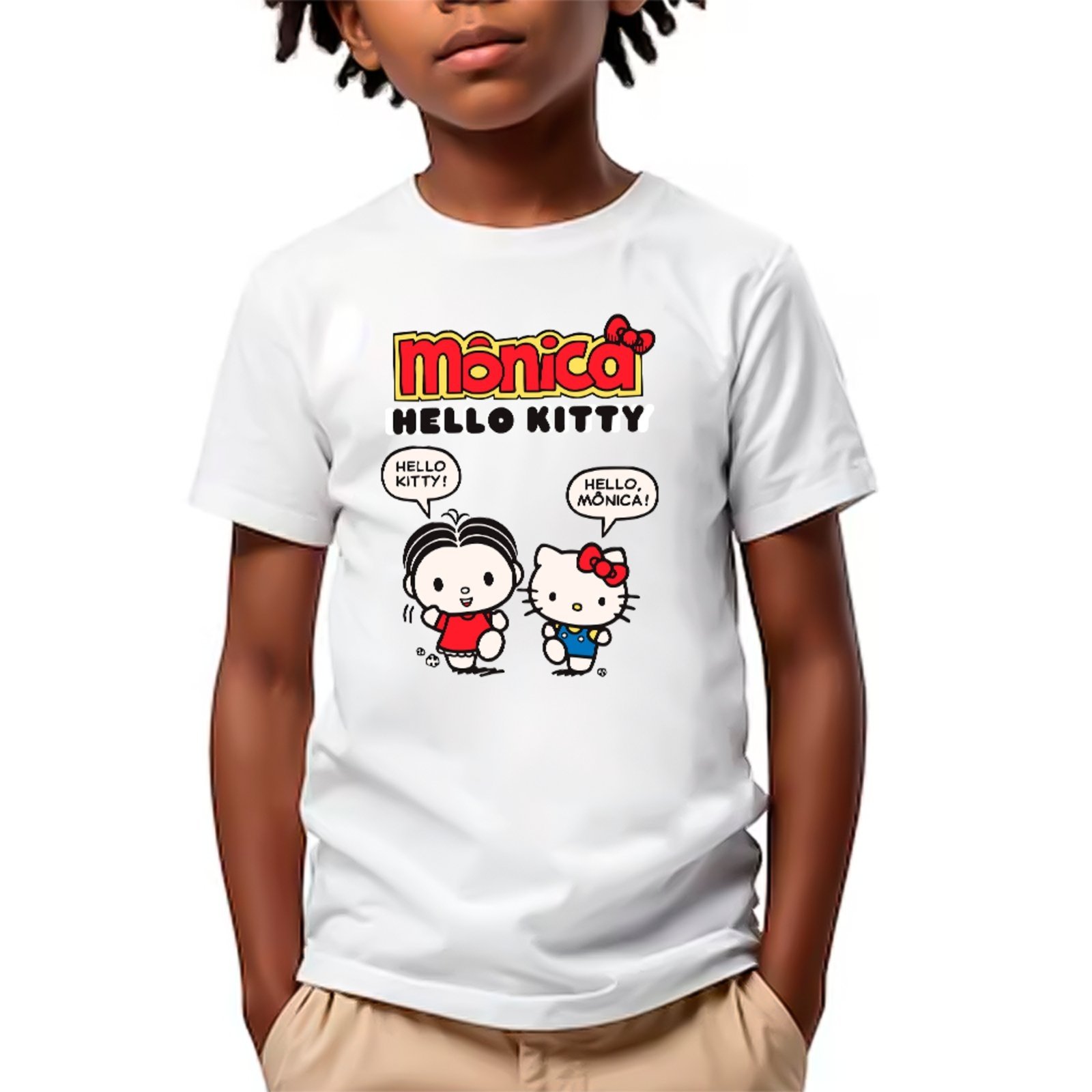 Infantil - Camiseta Monica Hello Kitty Cartoon Fofo Unissex Branco