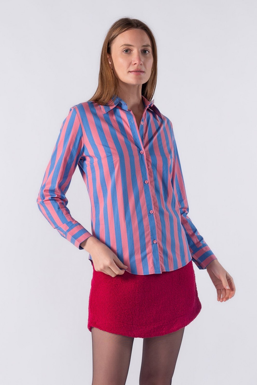 Camisa de manga longa gola tradicional e listra larga Rosa