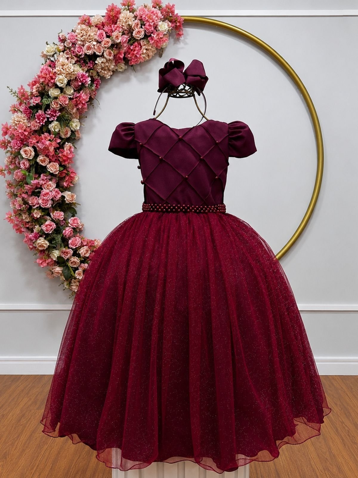 Infantil - Vestido Longo Festa Marsala Bordô Vinho Pérolas Formatura Casamento Princesa Social Rodado Florista Dama Daminha Aniversário Luxo Menina Juvenil