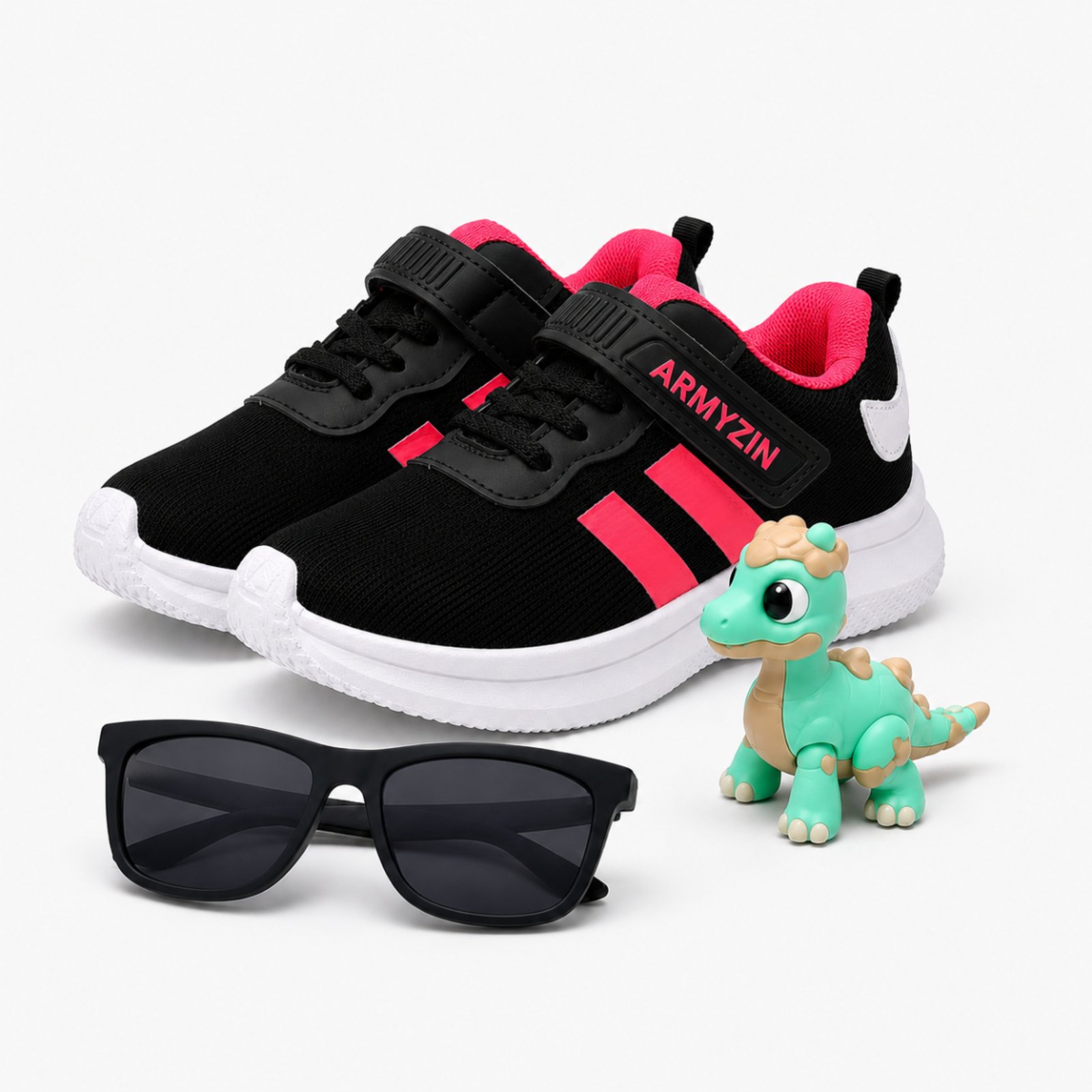 Infantil - Tênis Menina Leve Confortável Macio Preto Rosa Armyz+Dinossauro de Brinquedo+ Oculos