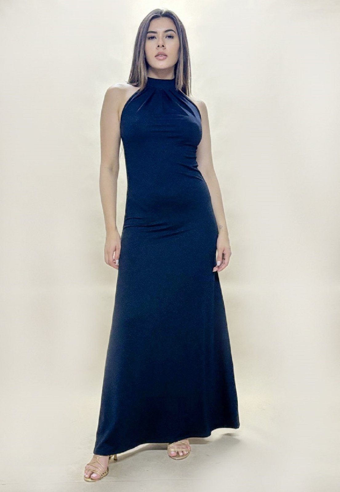 Vestido Longo Malha Estampa Azul Marinho