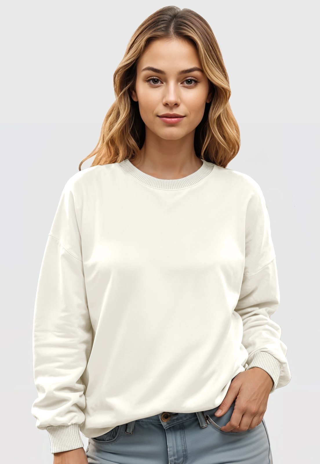 Vista 2 Blusa de Frio Moletom Feminino Flanelado Benellys Liso Gola Redonda Off White branco white Benellys branco white