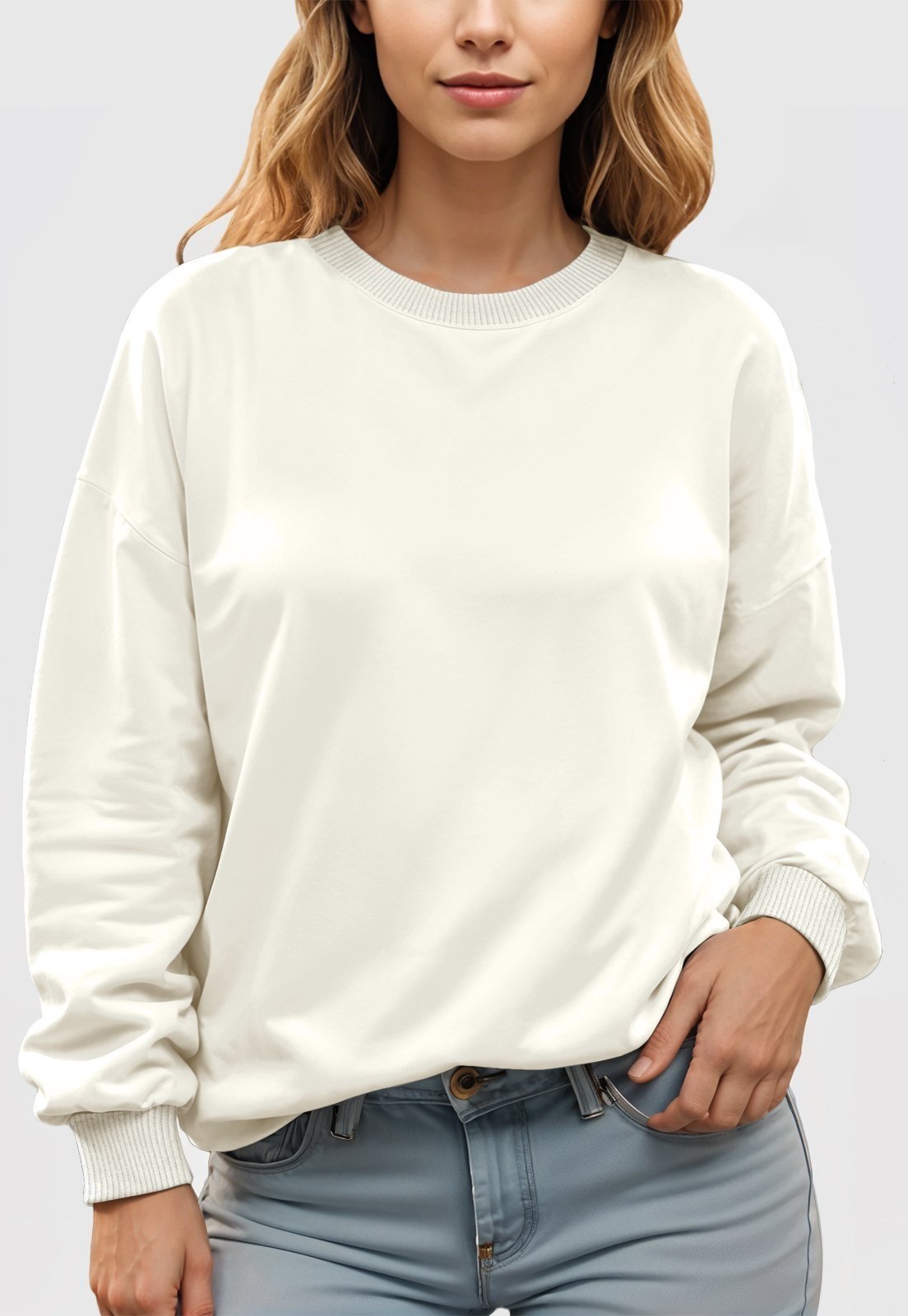 Vista 3 Blusa de Frio Moletom Feminino Flanelado Benellys Liso Gola Redonda Off White branco white Benellys branco white