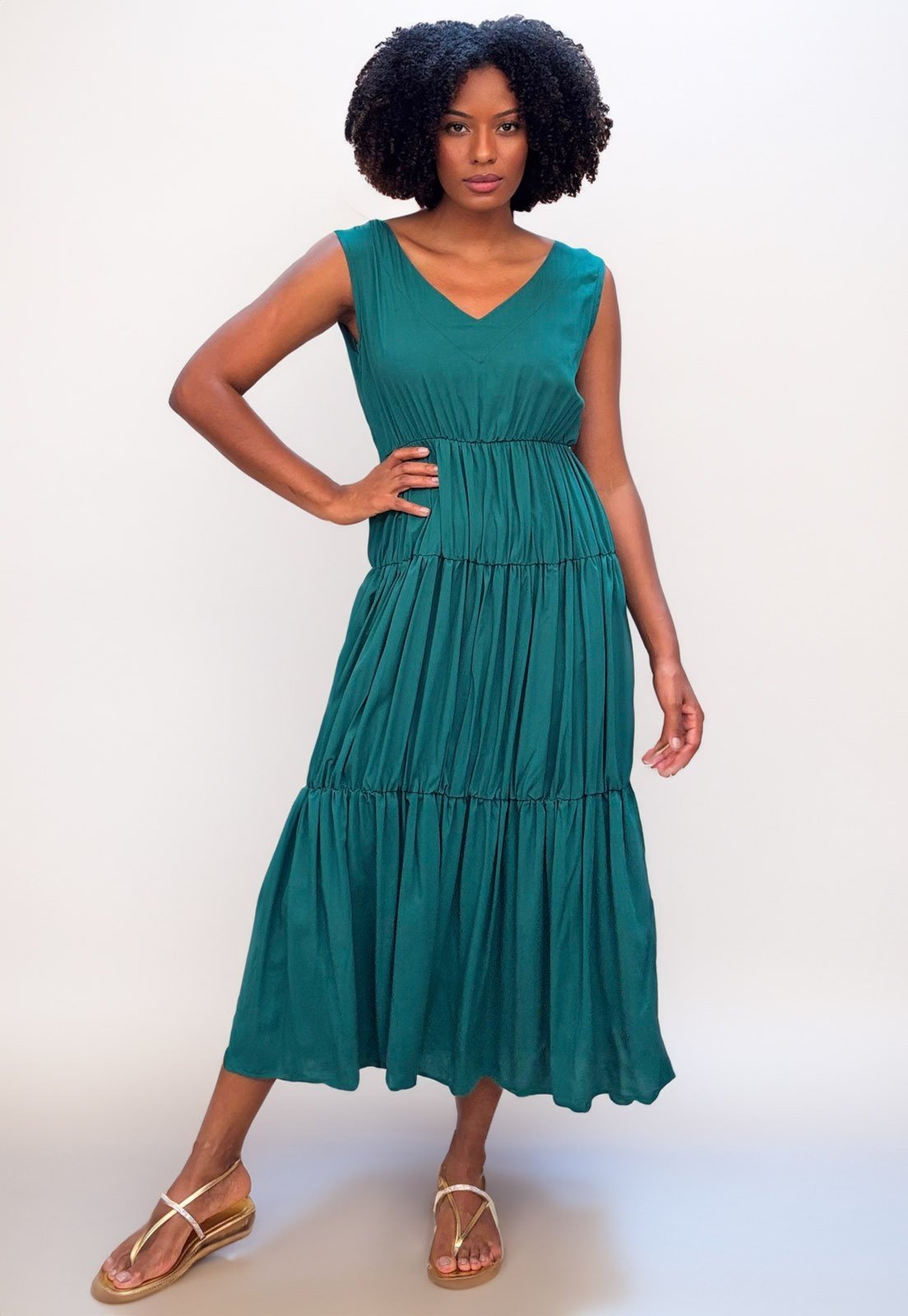 Vestido Regata Amazonia Vital Longo Plano Camadas Estampa Verde Musgo