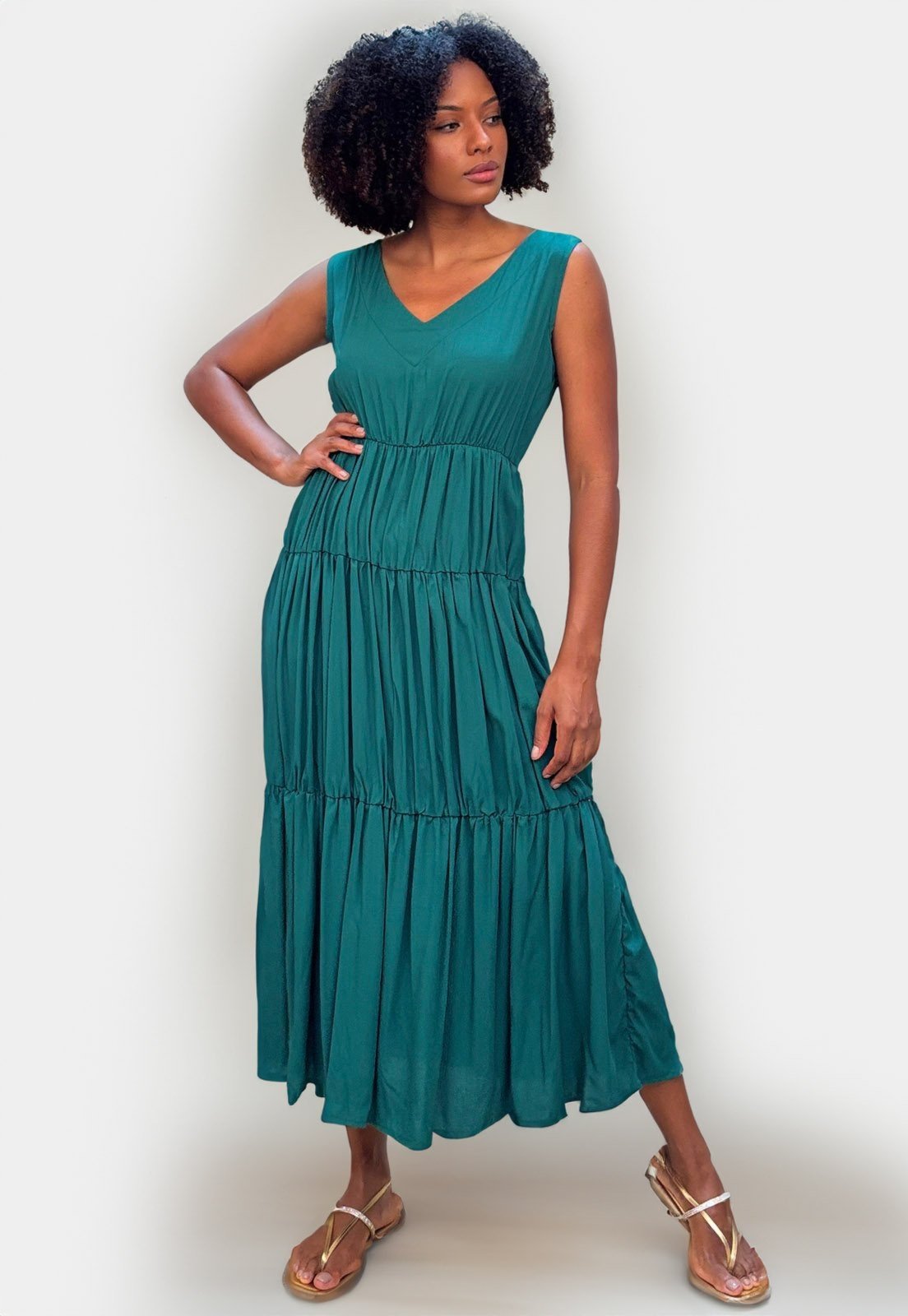 Vista 3 Vestido Regata Amazonia Vital Longo Plano Camadas Estampa Musgo Amazonia Vital verde