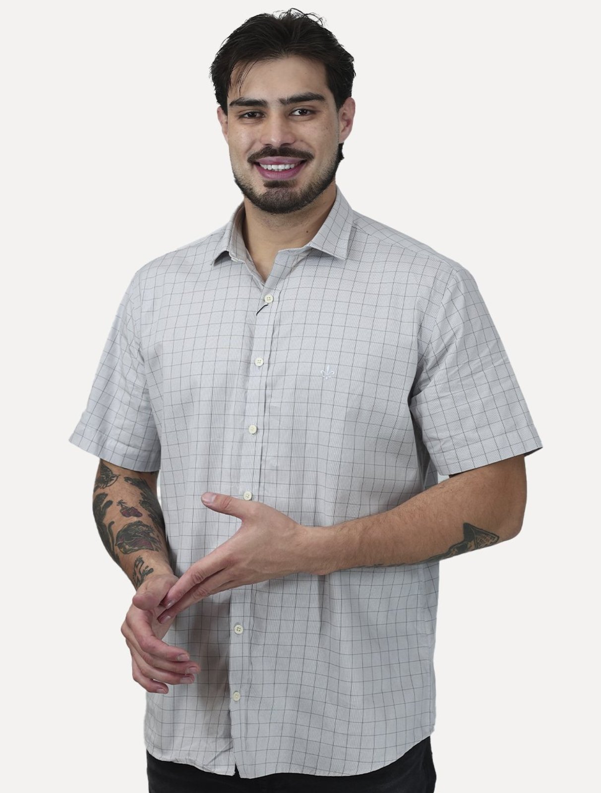 Camisa Dudalina Masculina Manga Curta Confort Superfine Cotton Light Logo Xadrez Cinza Claro
