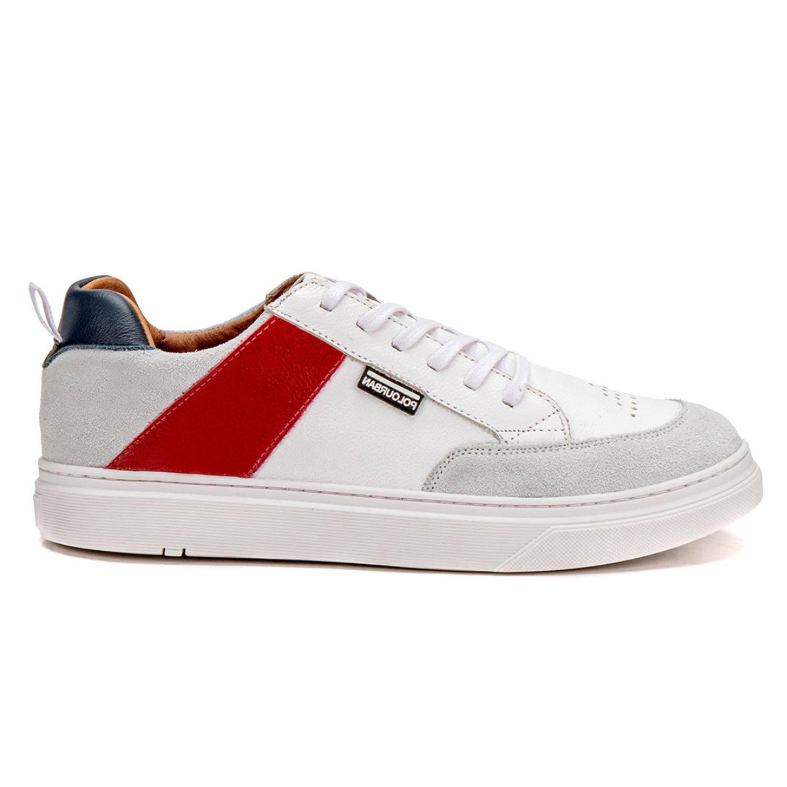 Tênis Masculino Couro Legítimo Miuzzi Social Formal Casual Com Cadarço Branco E Vermelho
