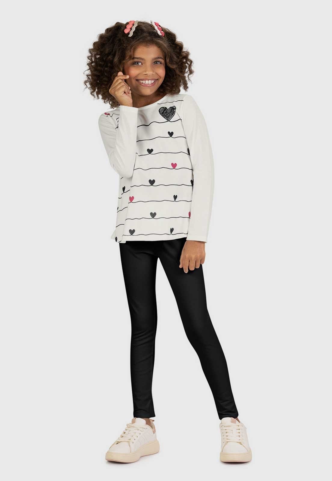 Infantil - Conjunto Kyly Blusa Estampa Corações com Legging Off-White