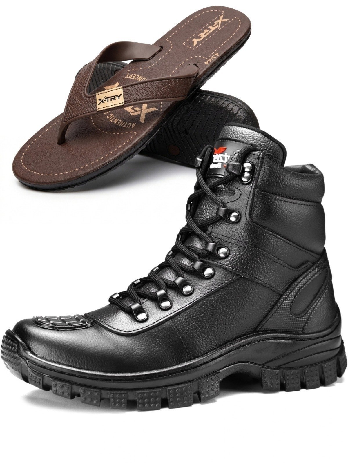 Kit Bota Masculina Coturno Militar Cadarço Em Couro + Chinelo Xtry Casual Marrom