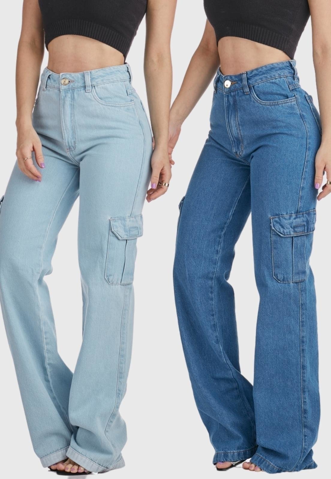 Kit 2 Calças Jeans HNO Jeans Wide Leg Cargo Hot Pant Bolso Lateral Azul Claro