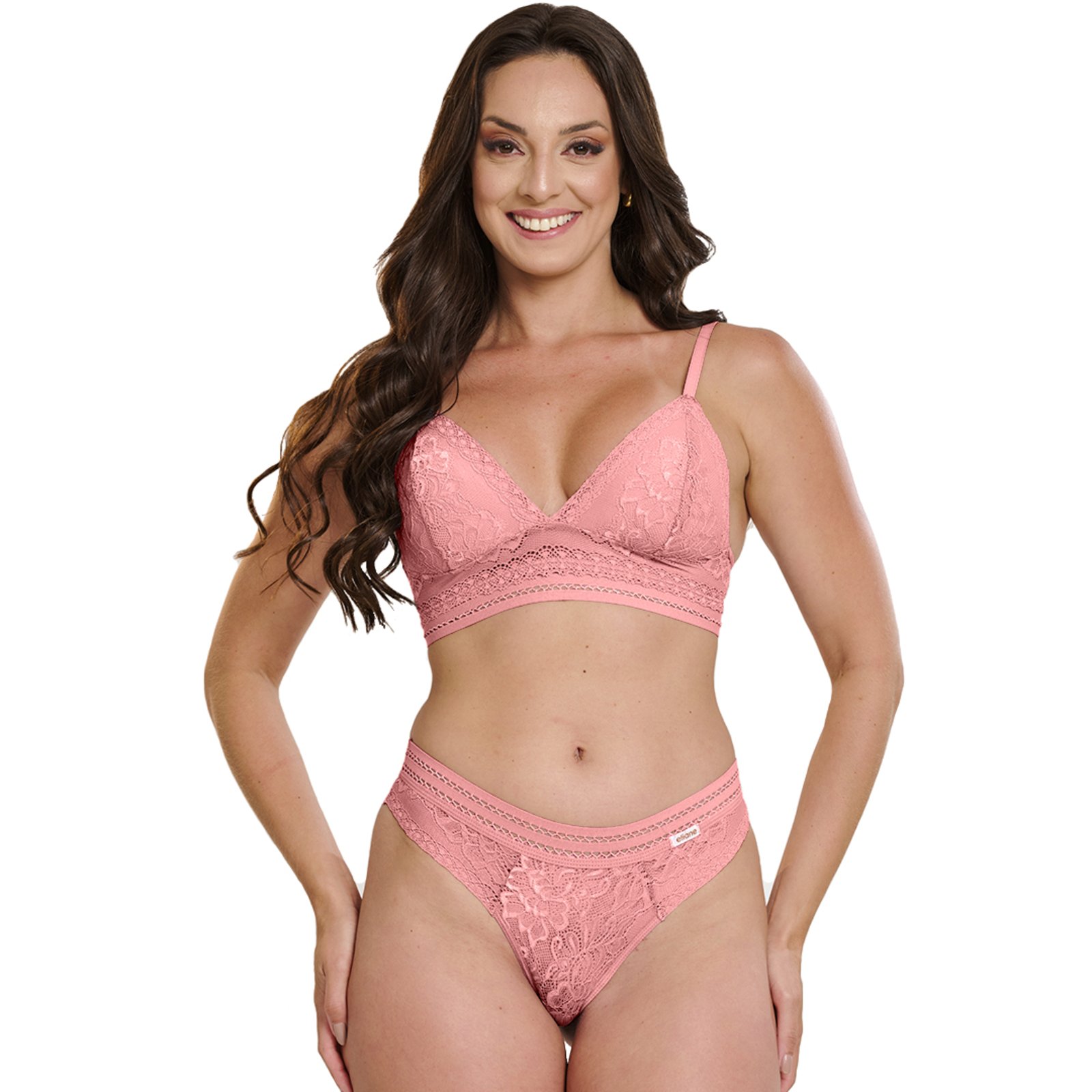 Conjunto Rendado Gabi Lingerie Poliamida Elástico Sutiã Sem Bojo Calcinha Renda Rosê