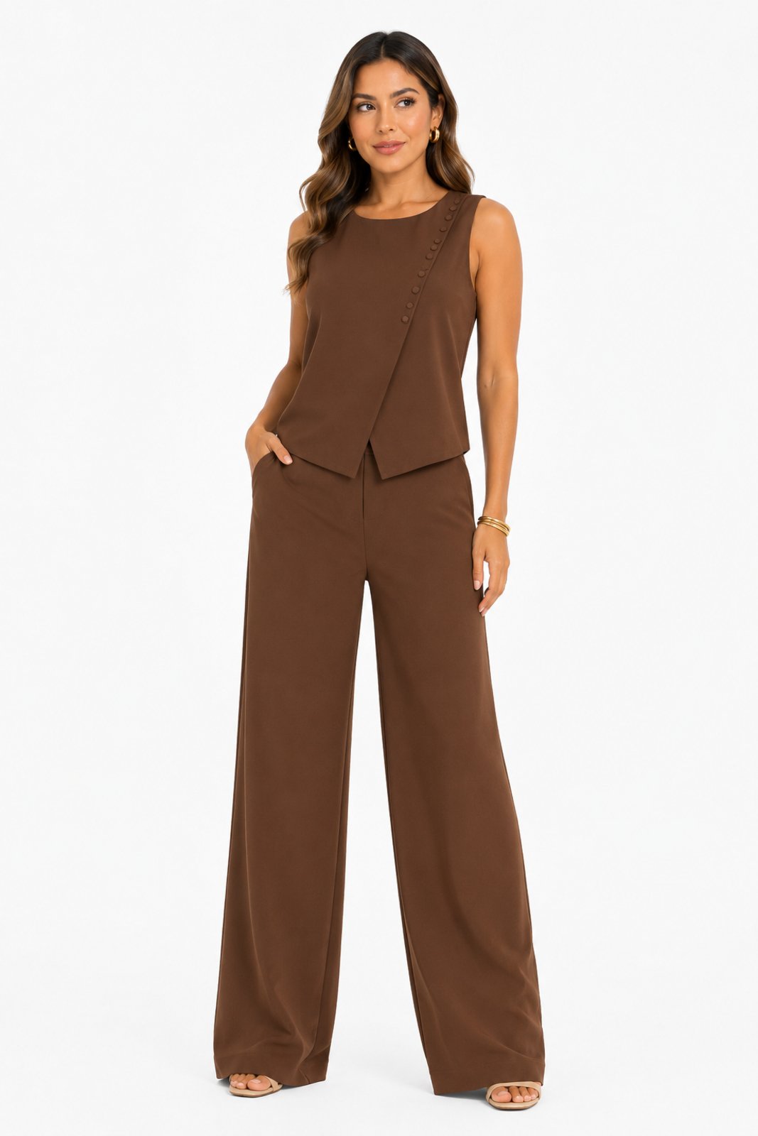 Conjunto Feminino D Bell Outlet Fashion Regata Transpassada Pantalona Marrom