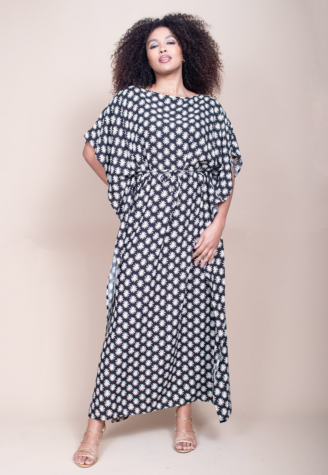 Vista 3 Vestido Longo Cabanafree Viscose Estampa Encanto das Margaridas Cabanafree azul/estampado/laranja