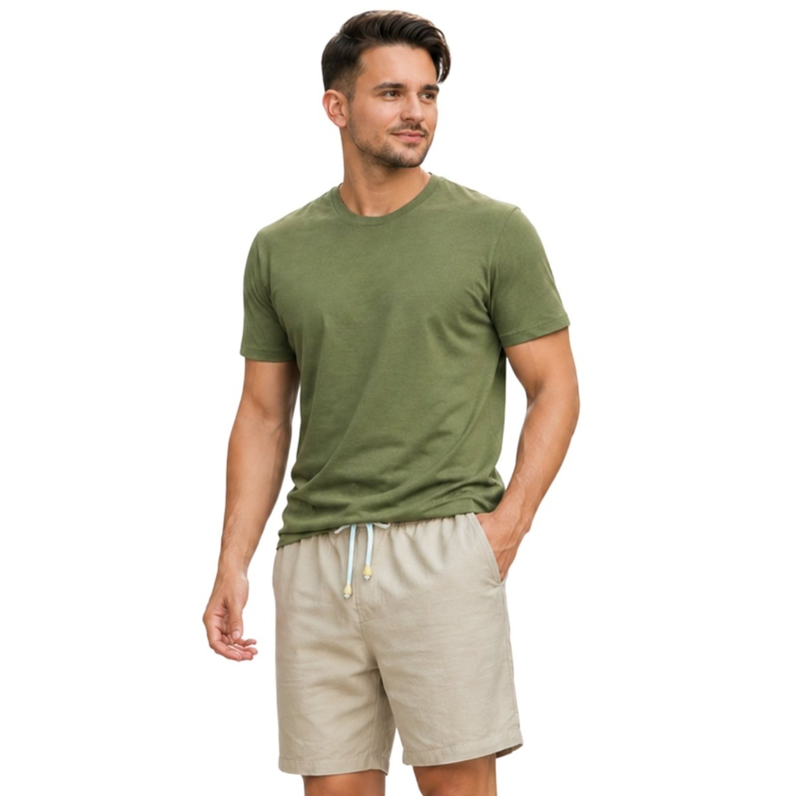 Conjunto Short Masculino Bermuda Linho Premium + Camiseta Basica Moda Sofisticada
