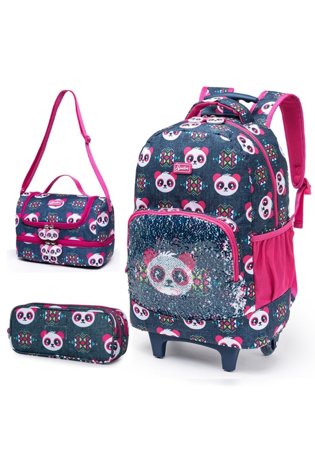 Infantil – Kit Mochila De Rodinha Lancheira Estojo Spector De Panda Azul/Rosa