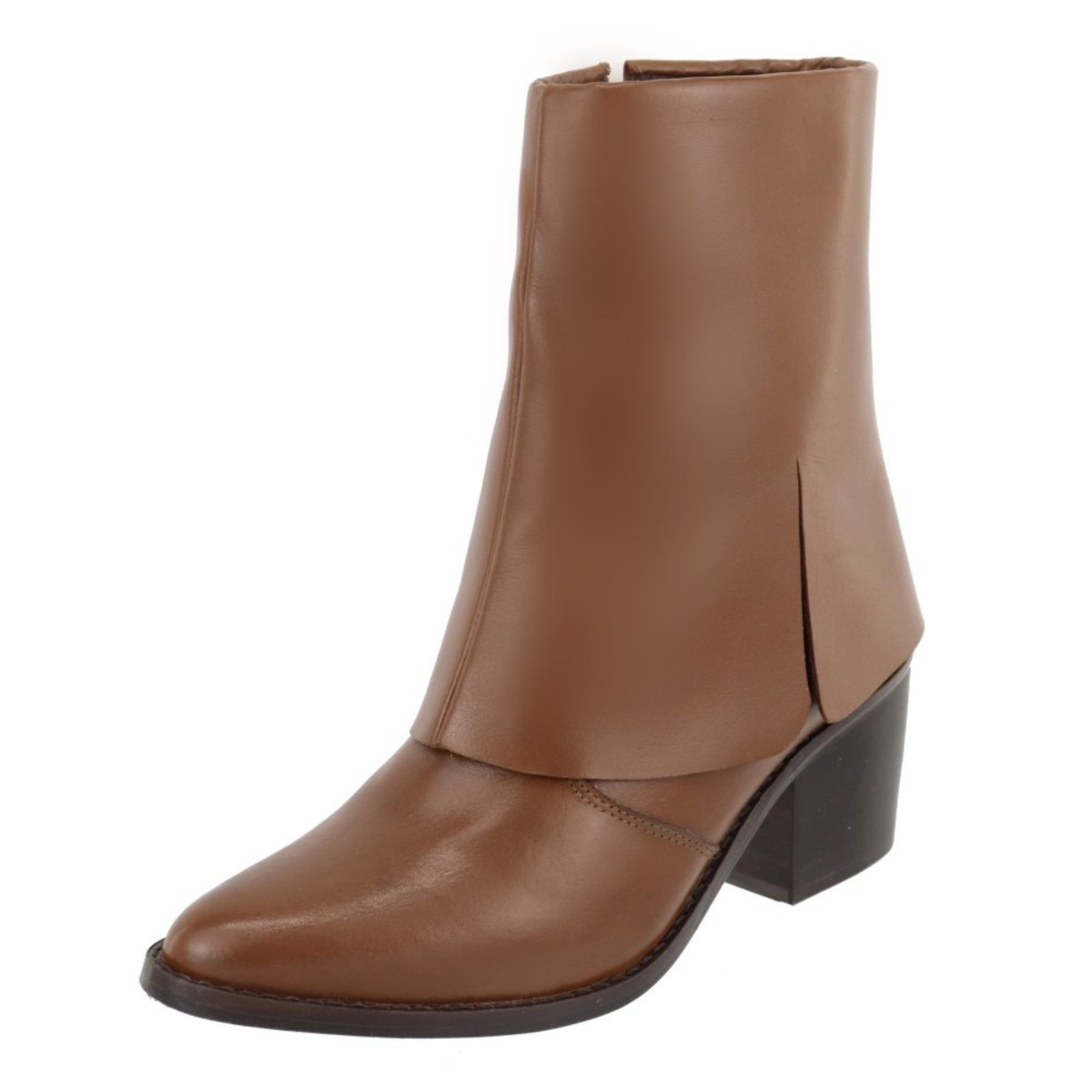 Bota Bico Fico Couro Cano Curto Feminina Com Manta Conhaque Kuento Shoes