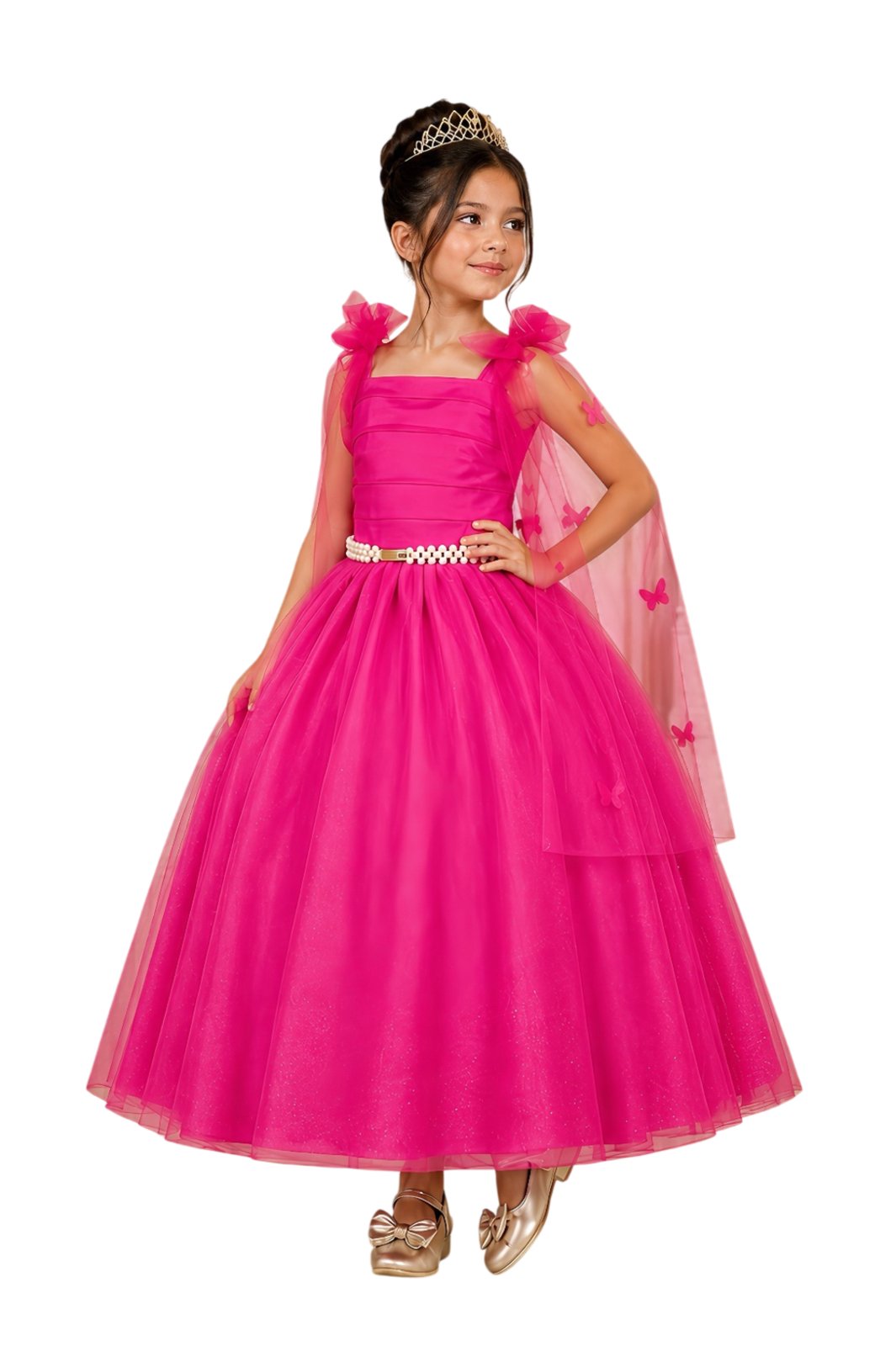 Infantil - Vestido Festa Longo Rosa Pink Fucsia Formatura Casamento Dama Daminha Borboletas Social Menina Juvenil Pérolas Juvenil Princesa Rodado Florista Aniversário Luxo