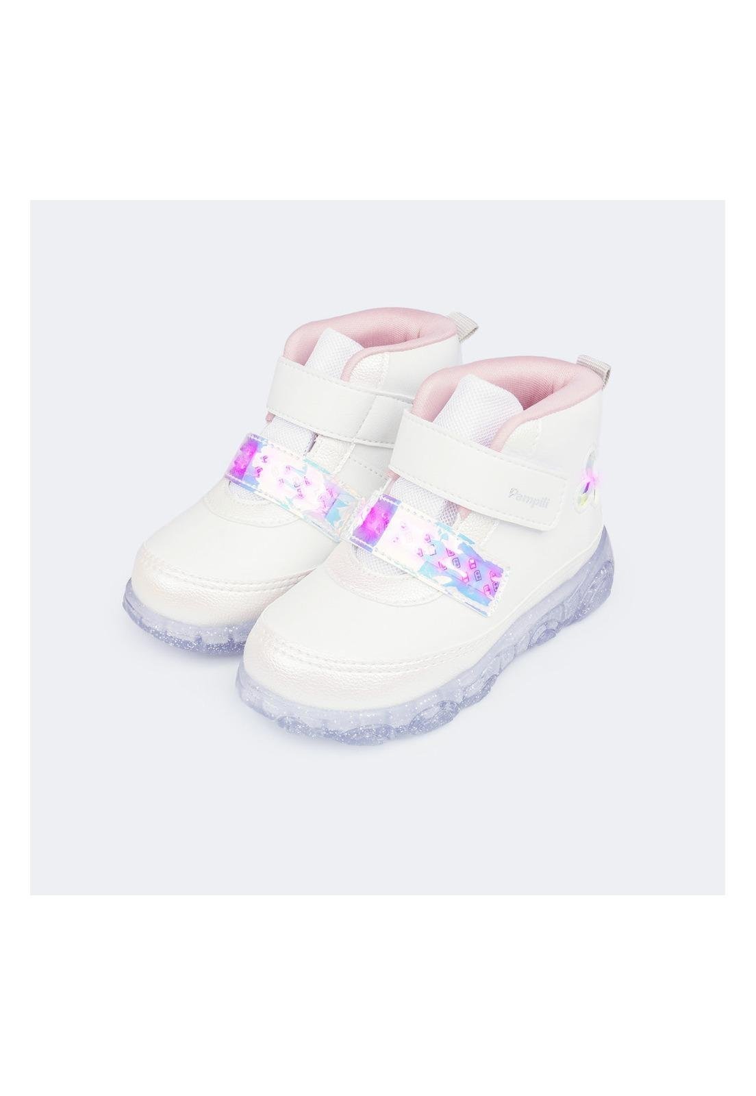 Infantil - Tênis de Led Pampili Liz Luz Cano Médio Holográfico Branco 23 Branco
