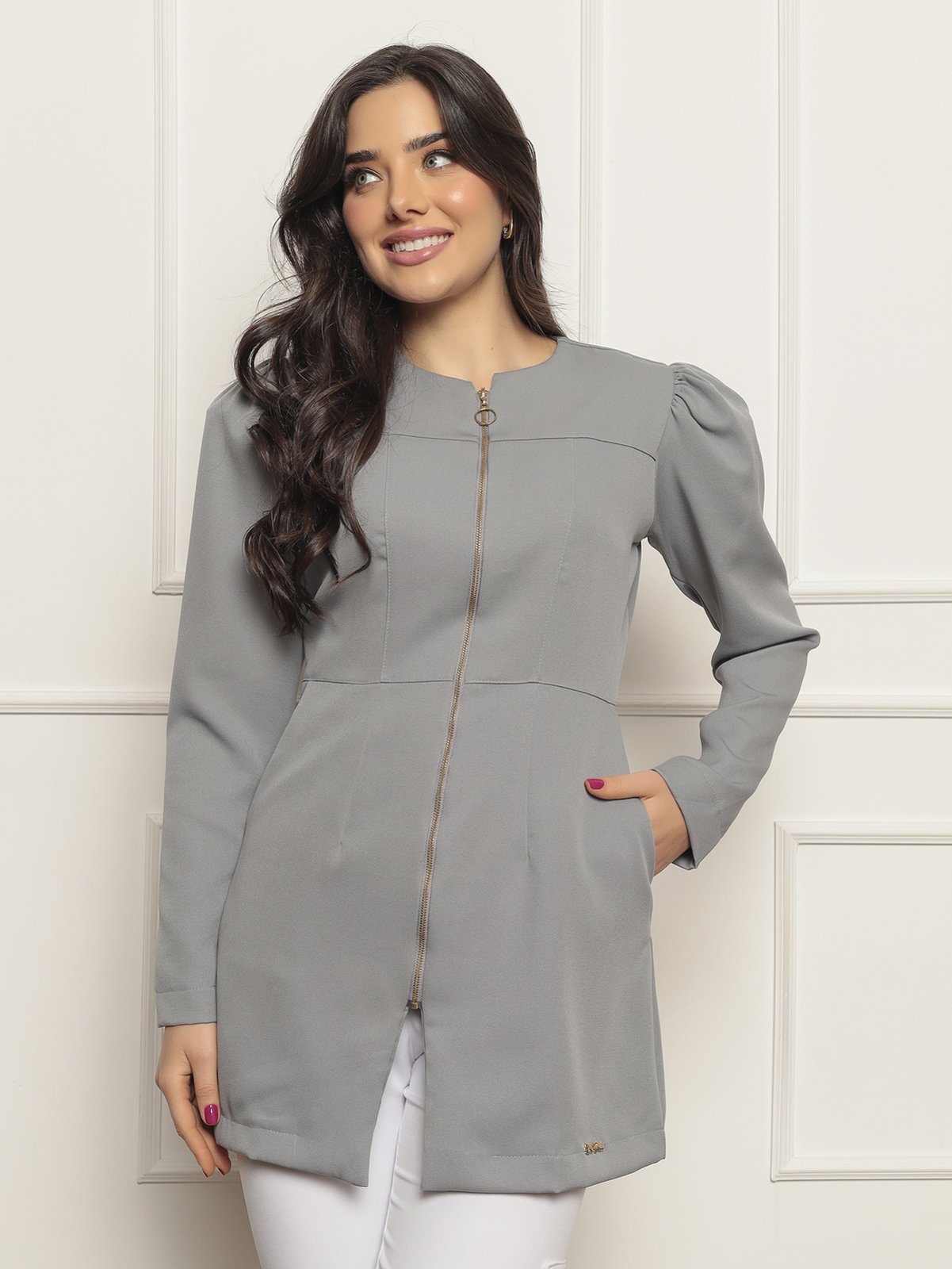 Jaleco Feminino Natalia Manga Longa Dra Maia Cinza