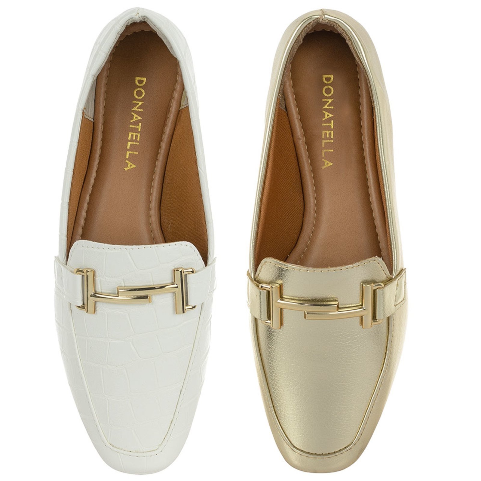 Kit 2 Pares Sapato Feminino Mocassim CM Calçados Bico Quadrado Confort Branco Croco e Ouro Light