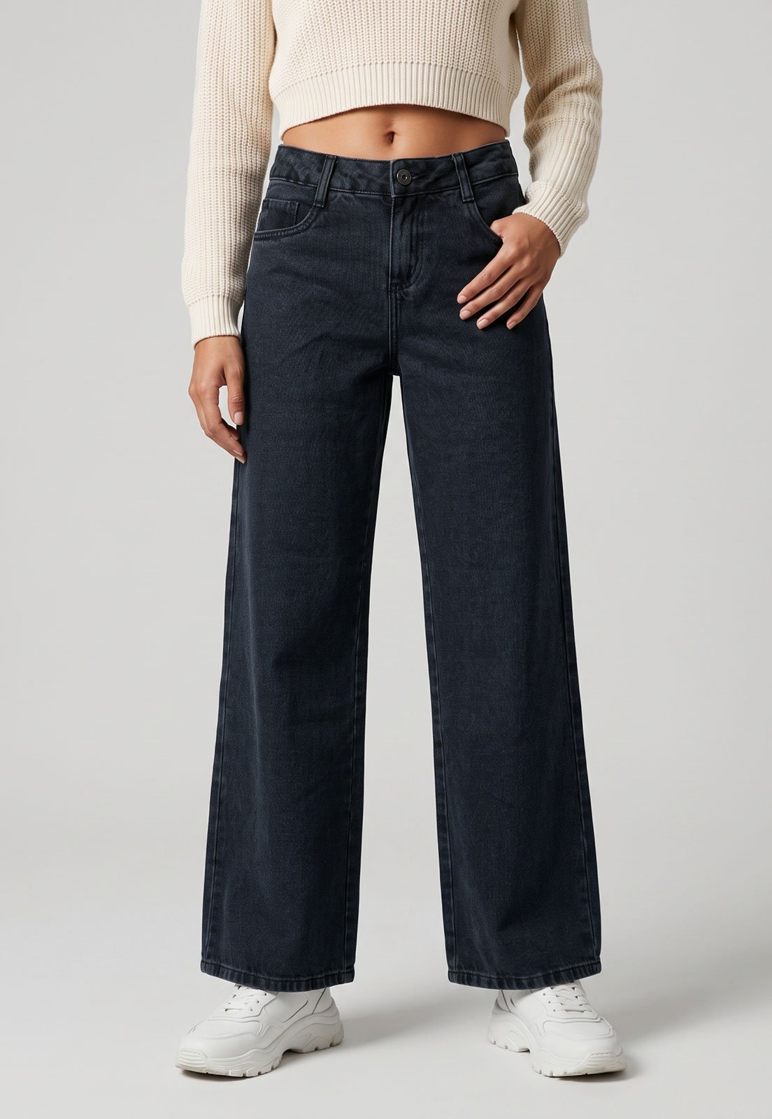 Calça Jeans Feminina Sawary Cintura Média Wide Leg Preta