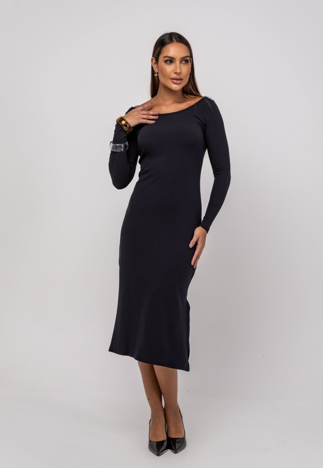 Vestido Midi M/L Decote Canoa Canelado Salvatore Preto